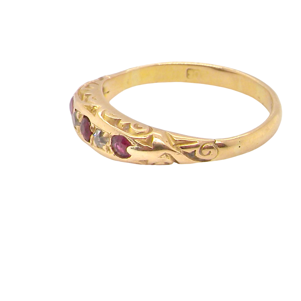 Antique 18ct Gold Ruby & Diamond Boat Ring, Early 20th Century