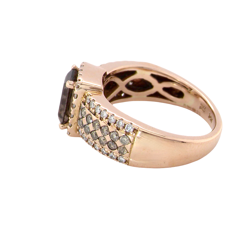 side A stunning ring from the House of Le Vien. Crafted from 14ct Strawberry Gold, this Le Vian ring is characterised by a gallery of brown/white diamonds set into each shoulder