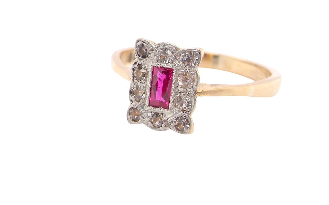 side Edwardian-era cluster ring ruby and diamond