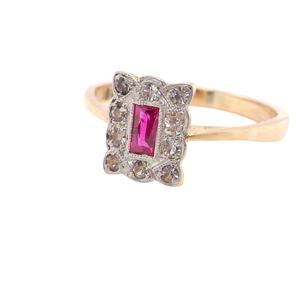 side Edwardian-era cluster ring ruby and diamond