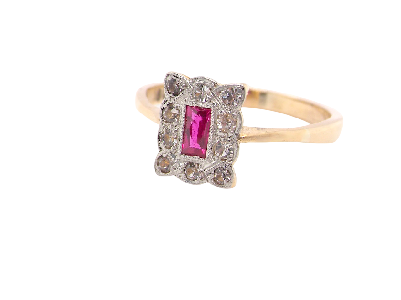 side Edwardian-era cluster ring ruby and diamond