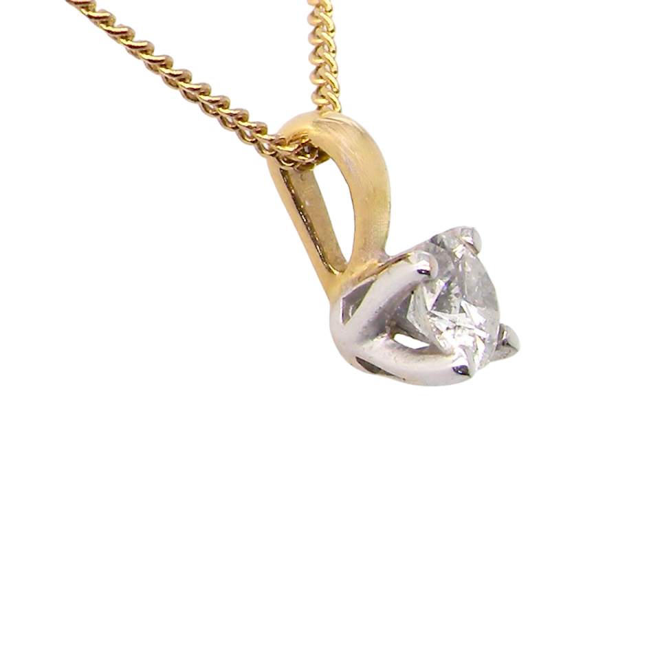 side Elegant and timeless, this solitaire diamond pendant showcases a beautifully cut 4mm round brilliant diamond, weighing 0.25 carats. The diamond features a bright H–J colour and Si clarity