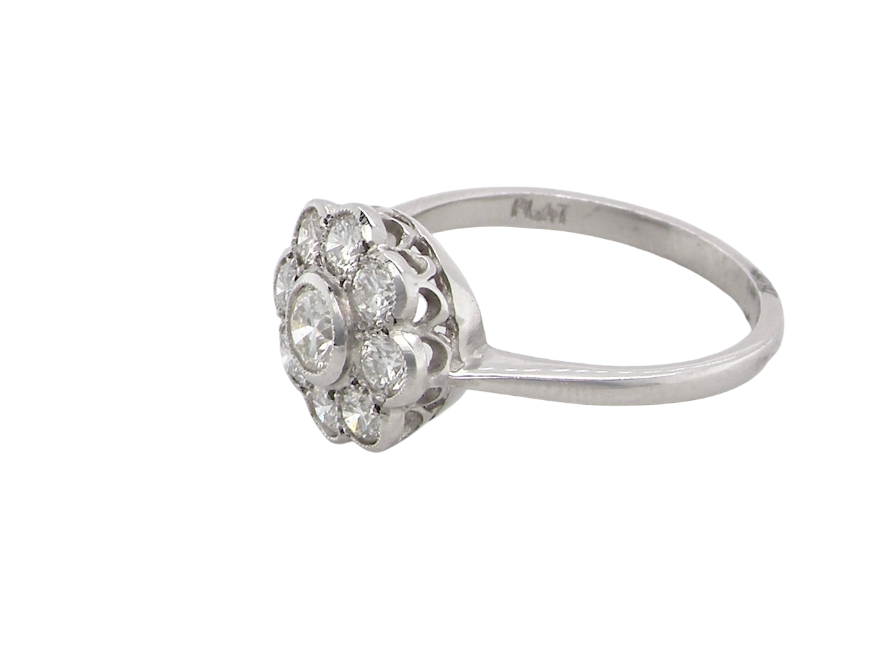 side elegant vintage cluster ring in platinum* and set with a diamond centre stone, 0.25ct