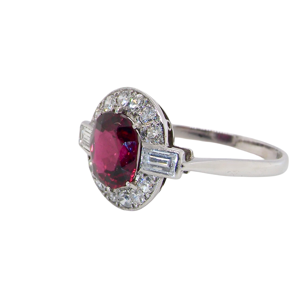 side fine Art Deco style cluster ring featuring an untreated natural ruby