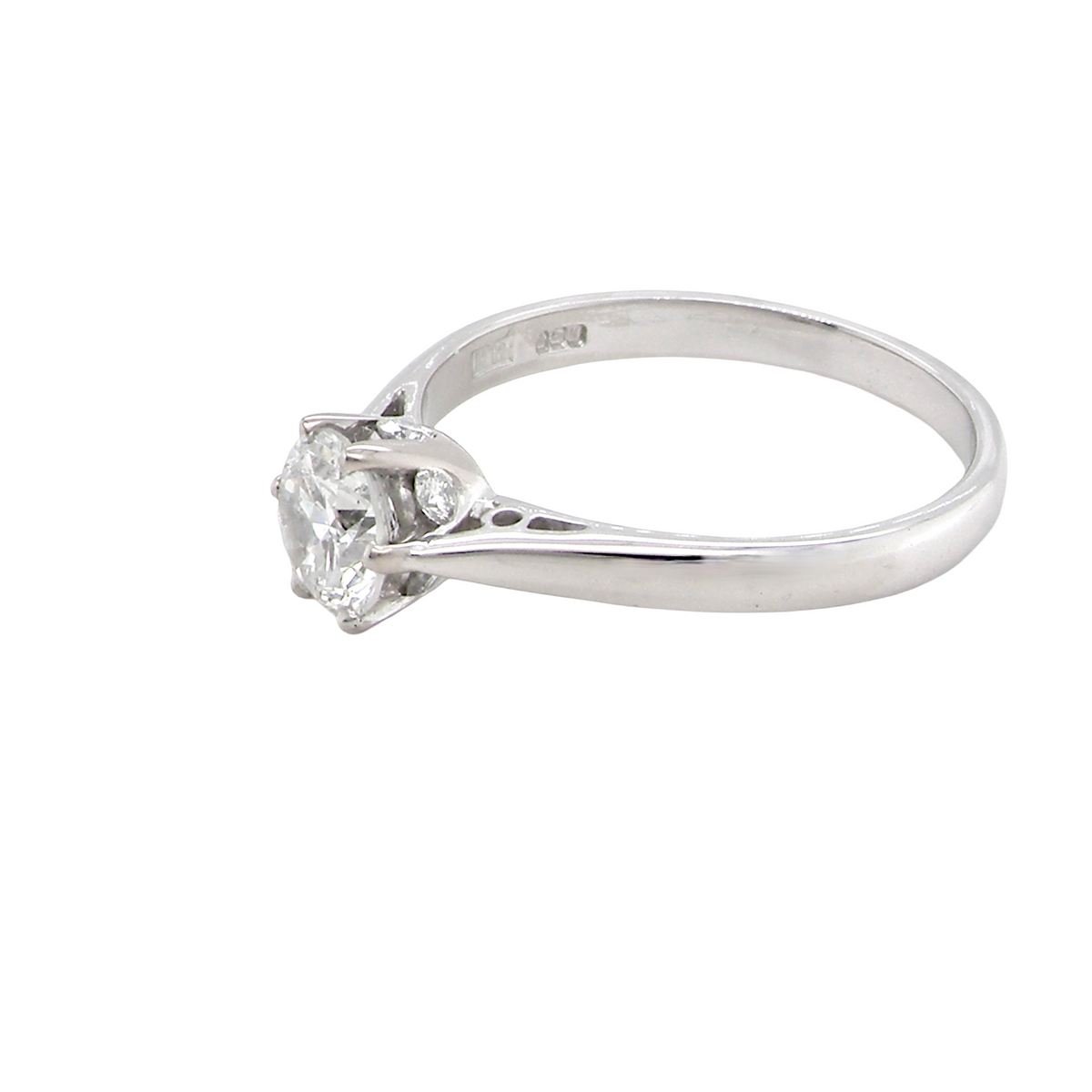 side fine solitaire ring featuring a single brilliant-cut white diamond, measuring approximately 6mm (estimated 0.75 carats).