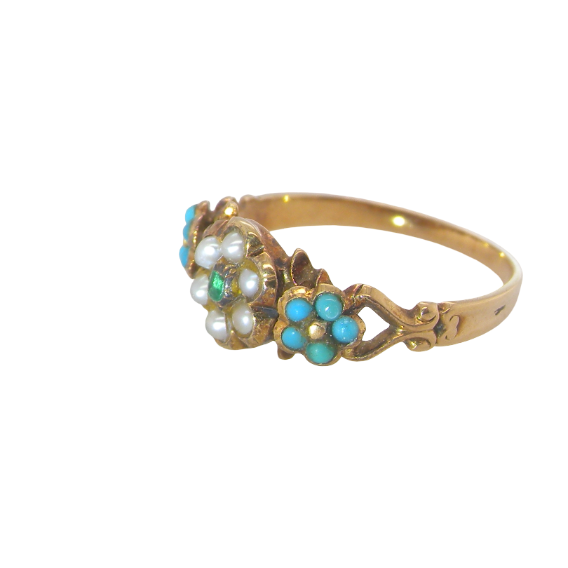 side pretty Victorian dress ring. A daisy cluster design with an emerald centre stone, measures 1.8mm, surrounded by six tiny seed pearls, each 1.8mm