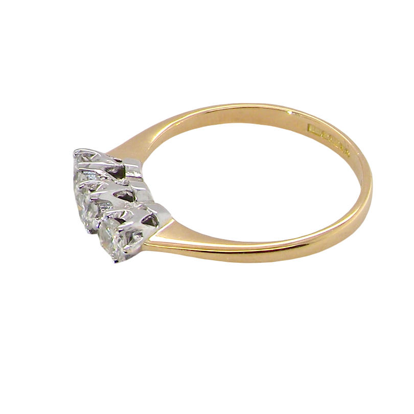 side ring is set with three brilliant cut white diamonds, each 3mm diameter. (total estimated at 0.30 carats) Colour h-j, clarity Si. Claw set head, white gold,