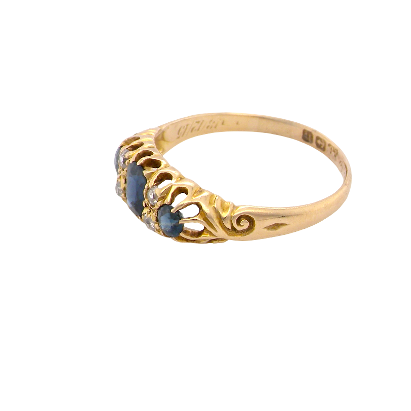 side view An 18 carat gold early 20th century ring set with three sapphires. Centre 5x3.8mm each end 3.8x2.8mm.