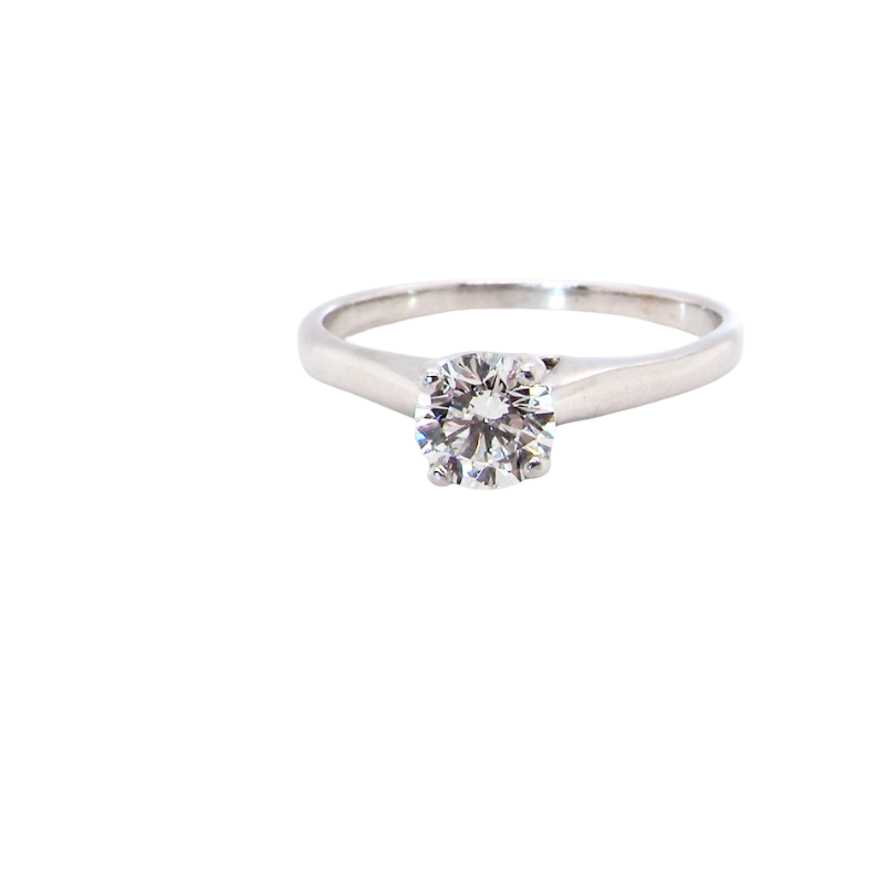 solitaire ring containing a fine modern brilliant cut white diamond. Measures 5.4mm (.53 carats)
Colour G-h, clarity Si. Modern feature under setting, depth 6.8mm, weight 2.6grams.