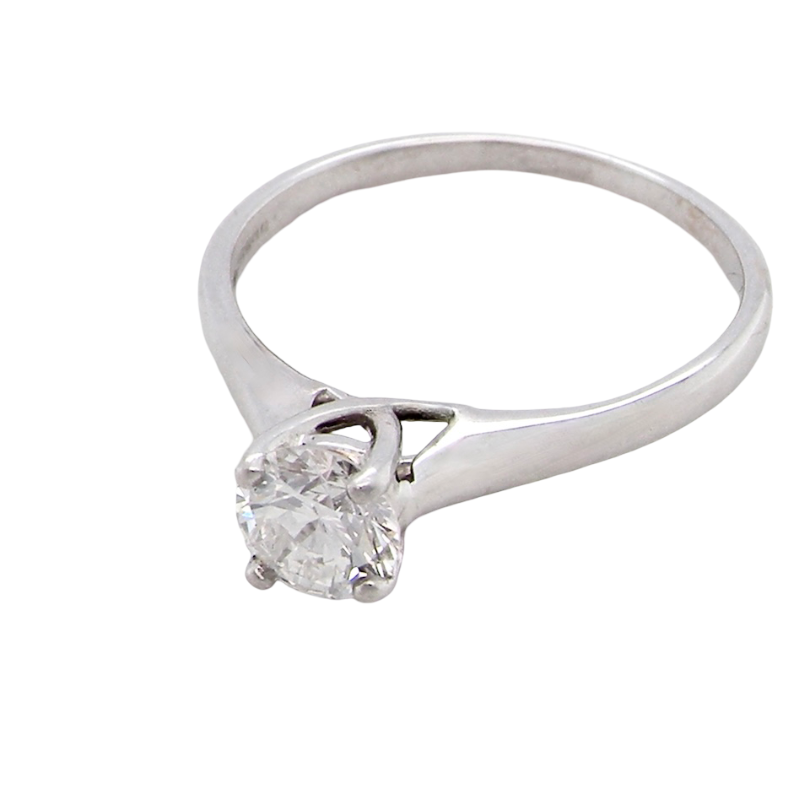 solitaire ring containing a fine modern brilliant cut white diamond. Measures 5.4mm (.53 carats)
Colour G-h, clarity Si. Modern feature under setting, depth 6.8mm, weight 2.6grams.
above