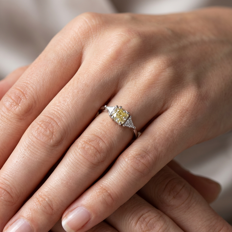 striking and elegant trilogy ring crafted in 18-carat white gold, set with a vibrant fancy yellow cushion-cut diamond hand
