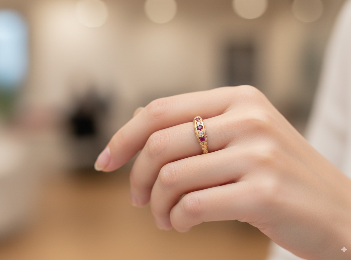 Antique 18ct Gold Ruby & Diamond Boat Ring, Early 20th Century