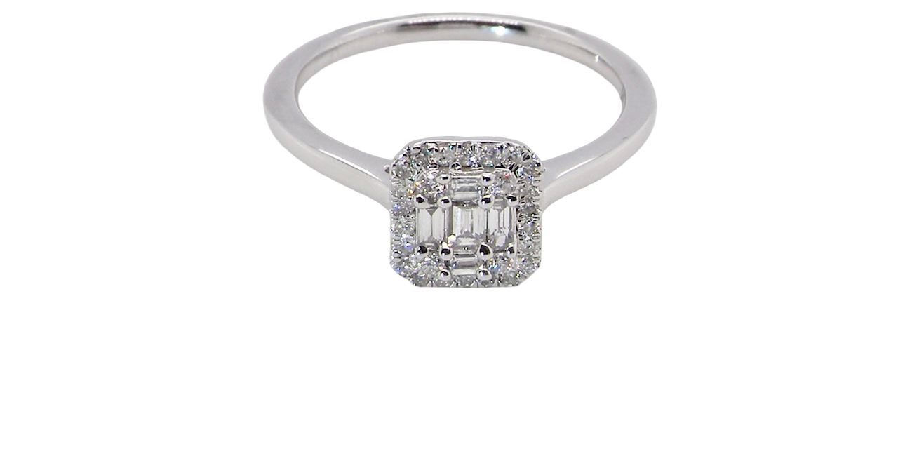 top A 9 carat white gold cluster ring. The centre is set with five baguette cut white diamonds, 3 x 2x1.2mm, 2 x 1mm.