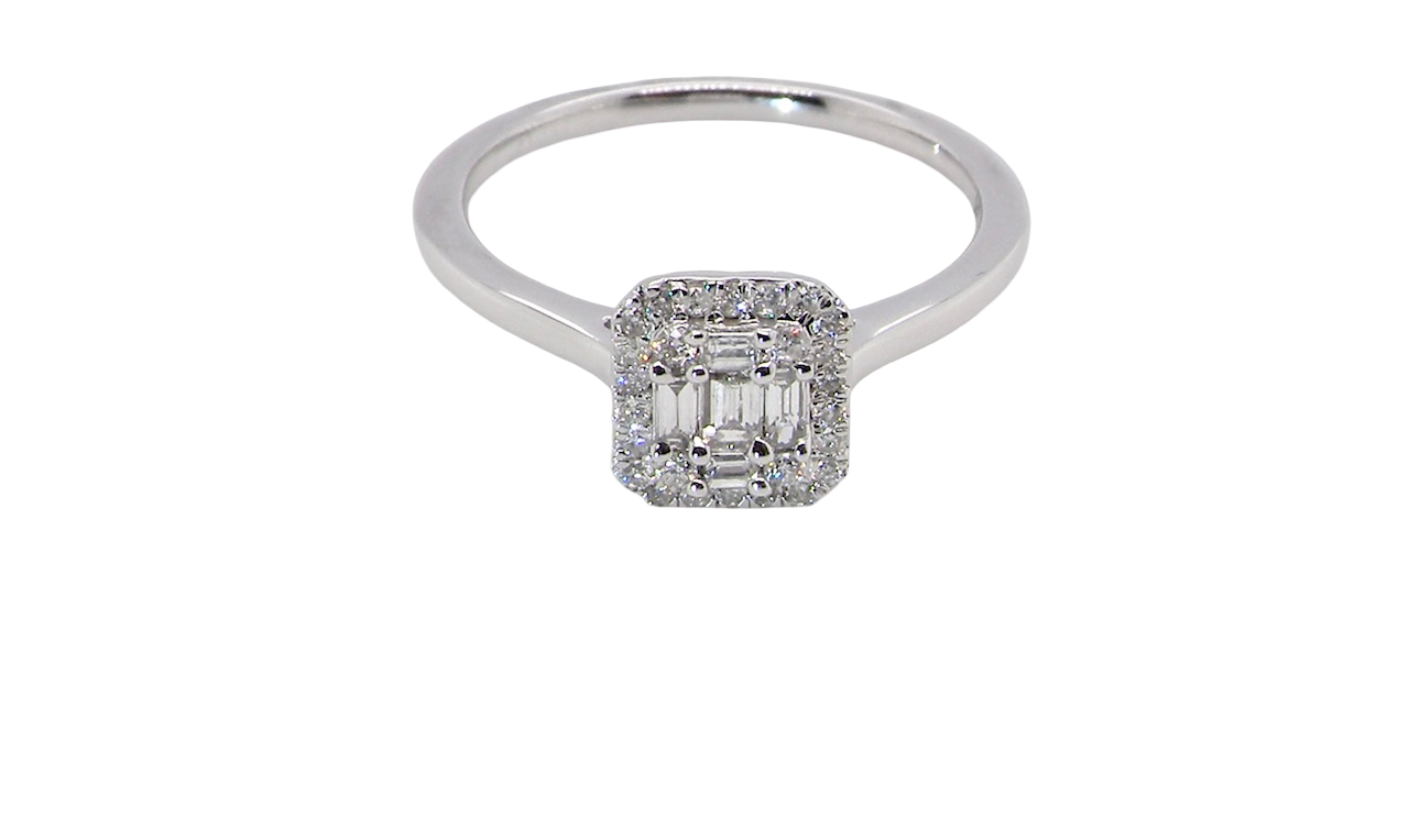 top A 9 carat white gold cluster ring. The centre is set with five baguette cut white diamonds, 3 x 2x1.2mm, 2 x 1mm.
