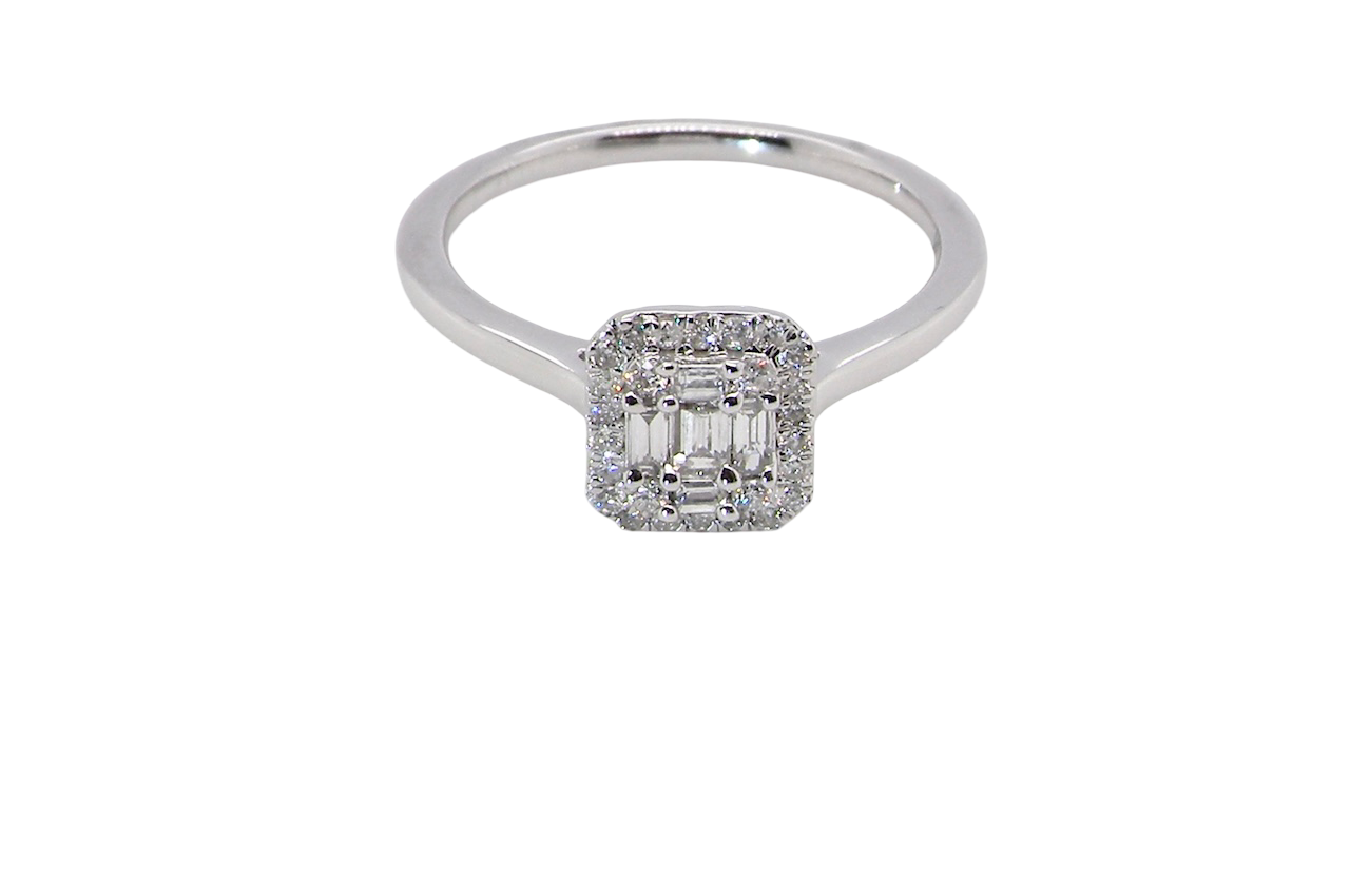 top A 9 carat white gold cluster ring. The centre is set with five baguette cut white diamonds, 3 x 2x1.2mm, 2 x 1mm.