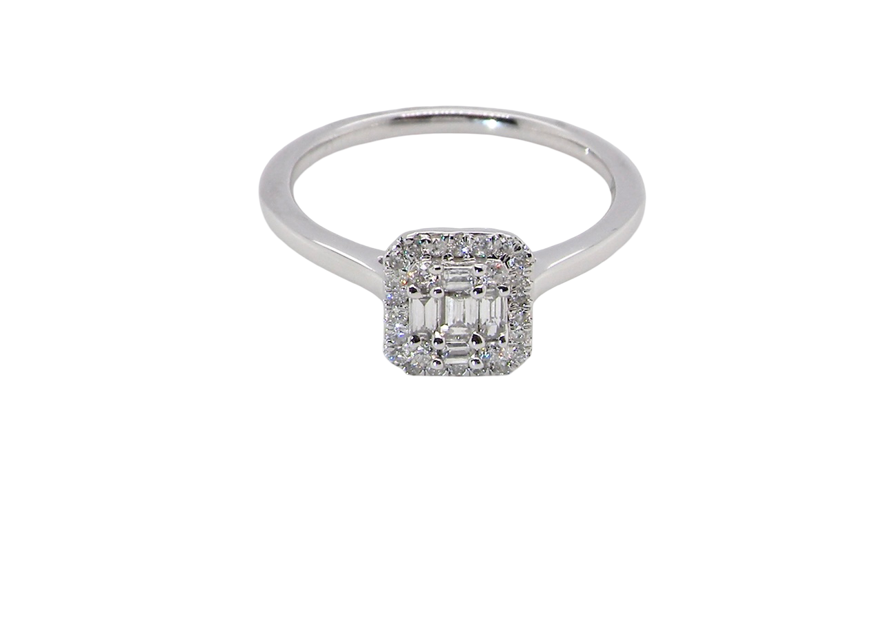 top A 9 carat white gold cluster ring. The centre is set with five baguette cut white diamonds, 3 x 2x1.2mm, 2 x 1mm.
