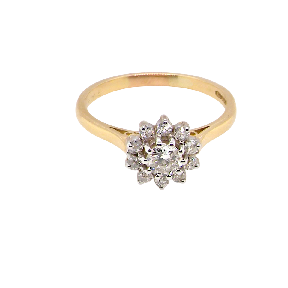 top A lovely well proportioned cluster ring. Features to the centre a 5mm brilliant cut white diamond
