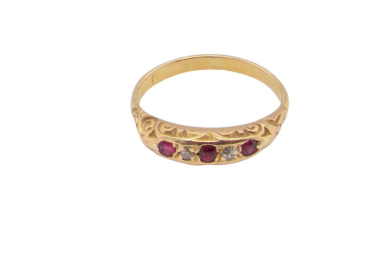 Antique 18ct Gold Ruby & Diamond Boat Ring, Early 20th Century