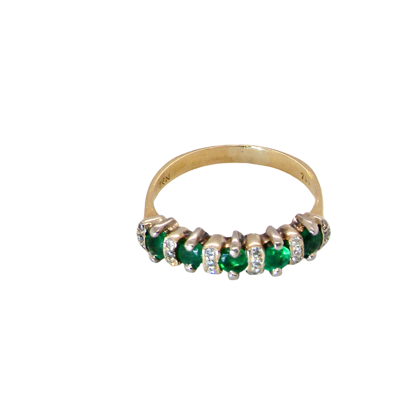 top view A half hoop ring, stamped 750 (testing as 18 carat gold)
Set with alternate gemstones, five bright green emeralds