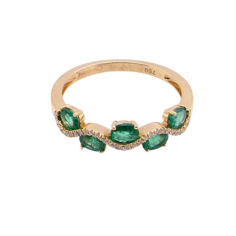 top view A half hoop ring with a very attractive line of oval cut emeralds, each 4x3mm, a lovely deep grass green hue, and with very good clarity too.