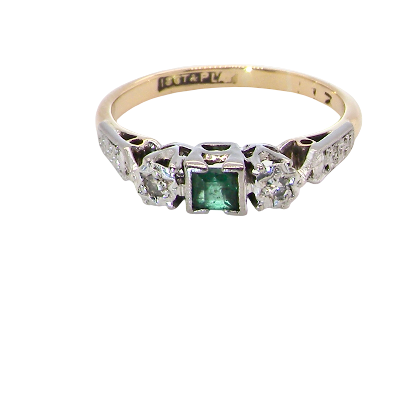 top view A vintage mid century ring. Centre stone a square emerald 3x3mm (0.15 carats est), rim setting.