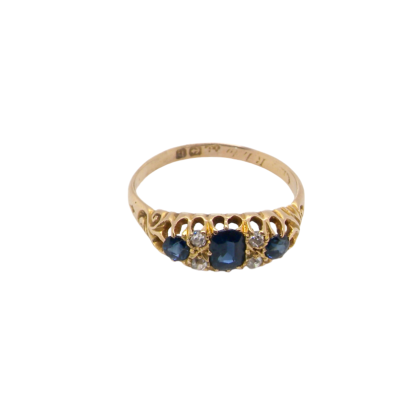 top view An 18 carat gold early 20th century ring set with three sapphires. Centre 5x3.8mm each end 3.8x2.8mm.