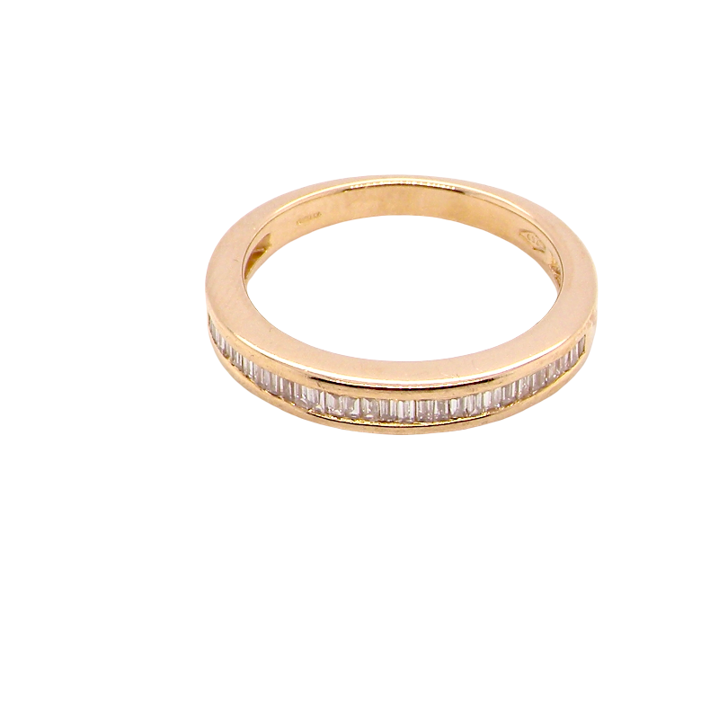 top view An 18 carat yellow gold half hoop eternity ring.
Set with thirty baguette cut white diamonds,