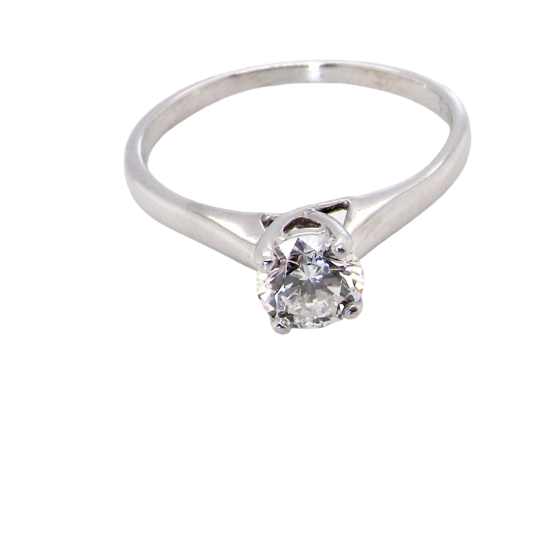 top view solitaire ring containing a fine modern brilliant cut white diamond. Measures 5.4mm (.53 carats)
Colour G-h, clarity Si. Modern feature under setting, depth 6.8mm, weight 2.6grams.