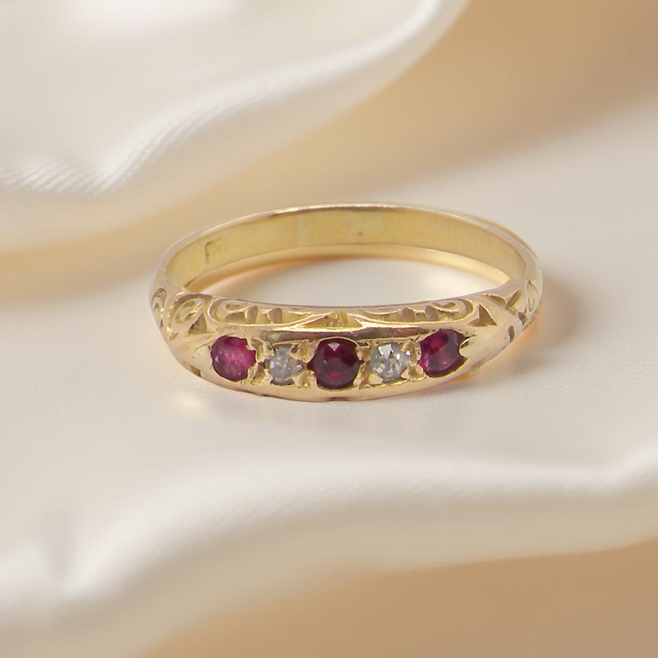 Antique 18ct Gold Ruby & Diamond Boat Ring, Early 20th Century