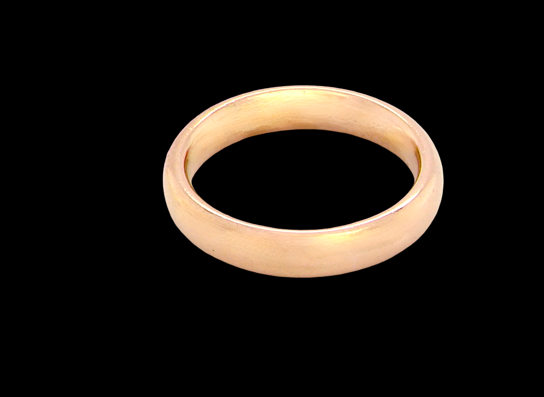 wedding ring is 22 carat gold, just 2 points off pure.
3.6mm width, 1.9mm depth, weight 5.2grams.