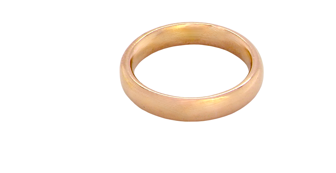 wedding ring is 22 carat gold, just 2 points off pure.
3.6mm width, 1.9mm depth, weight 5.2grams. A lovely deep gold colour and patina.