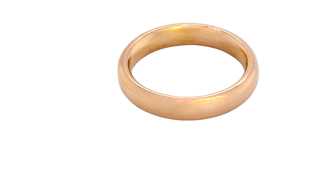wedding ring is 22 carat gold, just 2 points off pure.
3.6mm width, 1.9mm depth, weight 5.2grams. A lovely deep gold colour and patina.