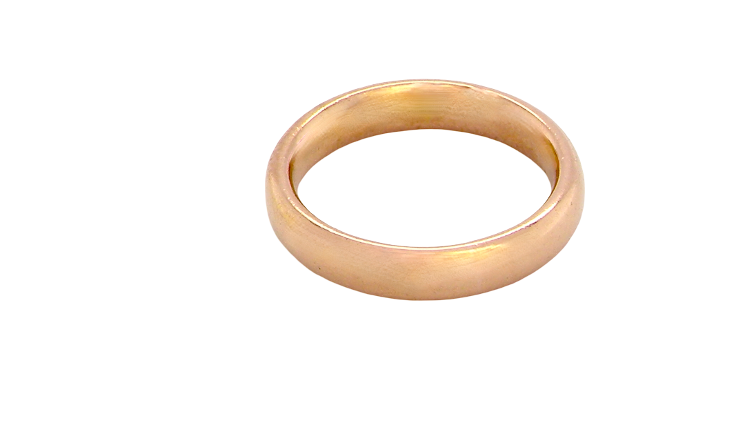 wedding ring is 22 carat gold, just 2 points off pure.
3.6mm width, 1.9mm depth, weight 5.2grams. A lovely deep gold colour and patina.