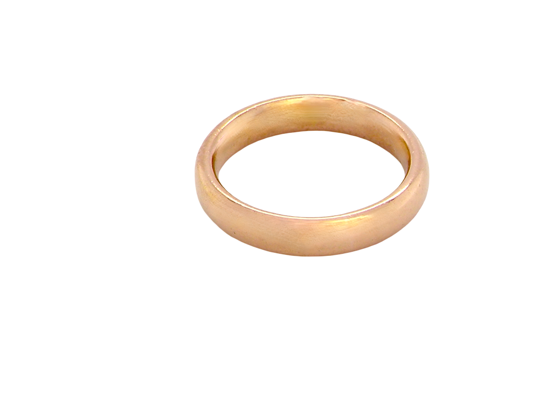 wedding ring is 22 carat gold, just 2 points off pure.
3.6mm width, 1.9mm depth, weight 5.2grams. A lovely deep gold colour and patina.
