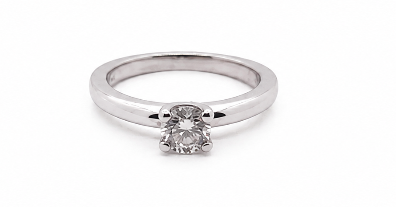 white gold ring with a diamond solitaire on a white background