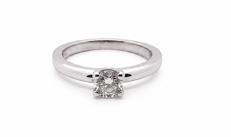 white gold ring with a diamond solitaire on a white background