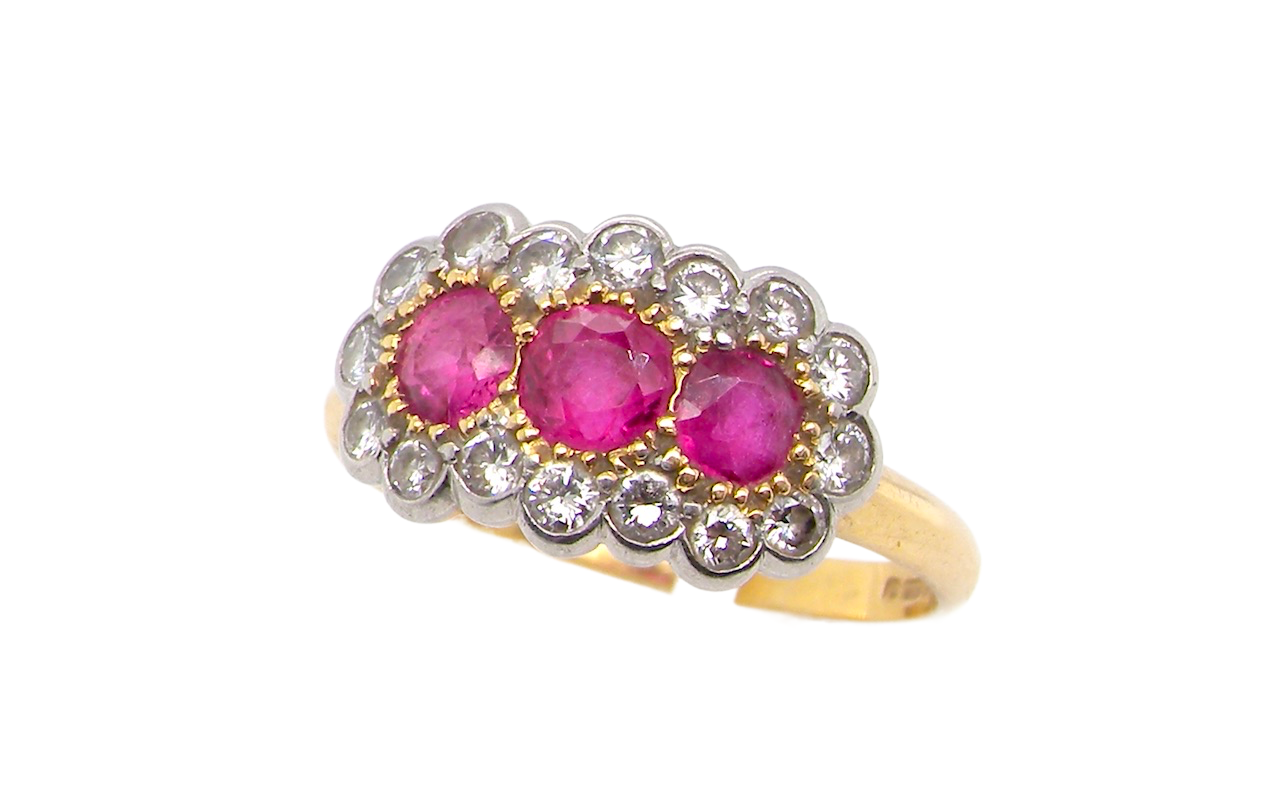vintage gold triple cluster ruby and diamond ring