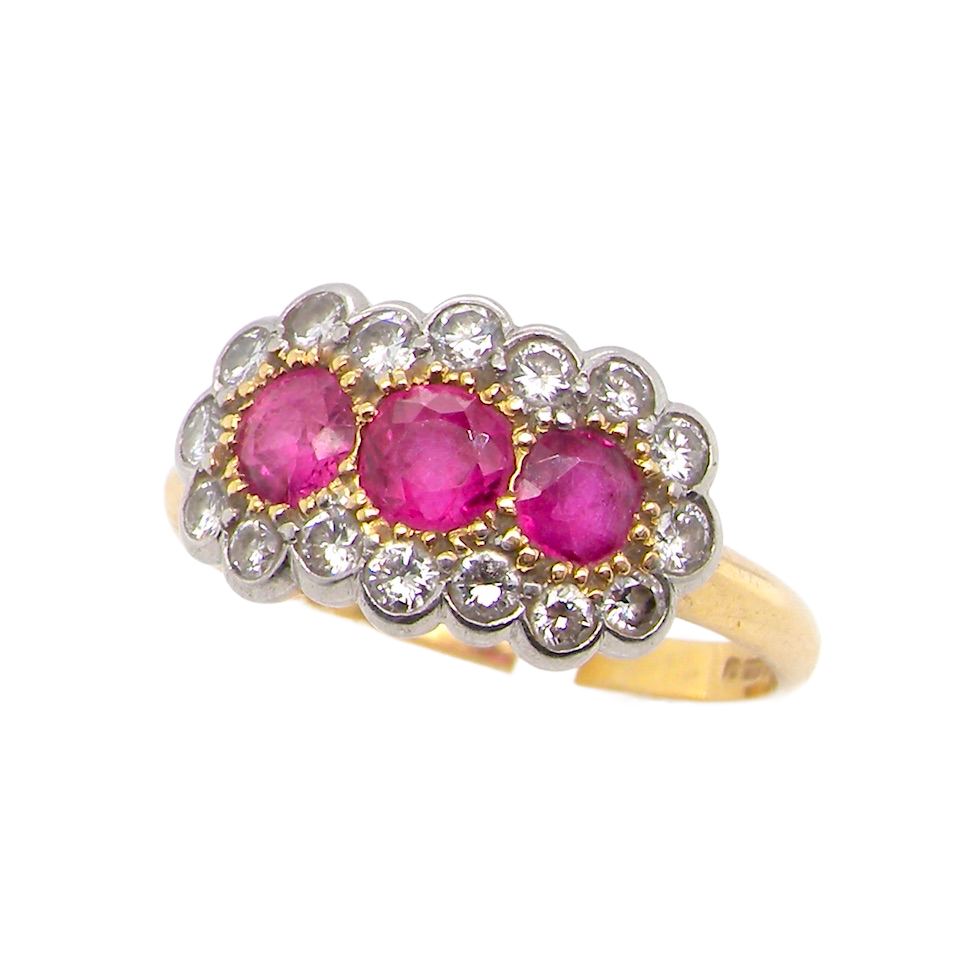 vintage gold triple cluster ruby and diamond ring