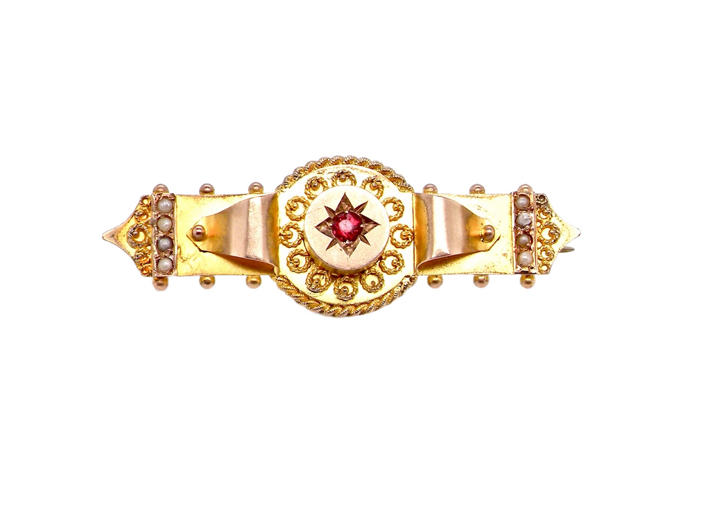 Victorian 9 carat gold ruby and pearl bar brooch