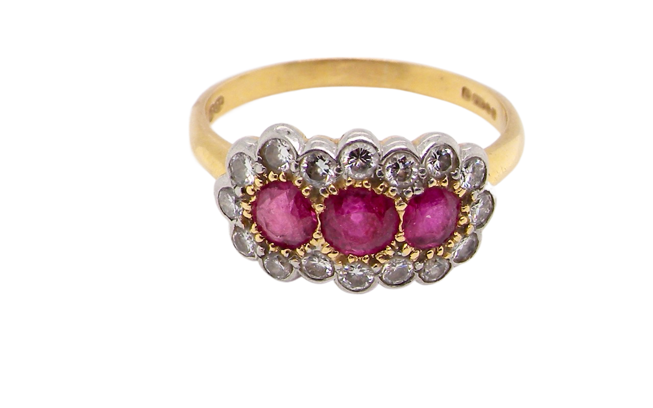 vintage 18 carat gold triple cluster ruby and diamond ring
