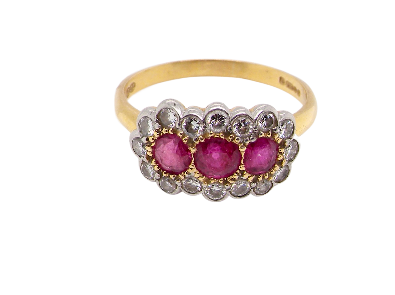 vintage 18 carat gold triple cluster ruby and diamond ring
