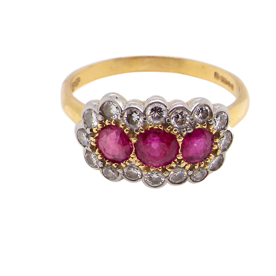 vintage 18 carat gold triple cluster ruby and diamond ring