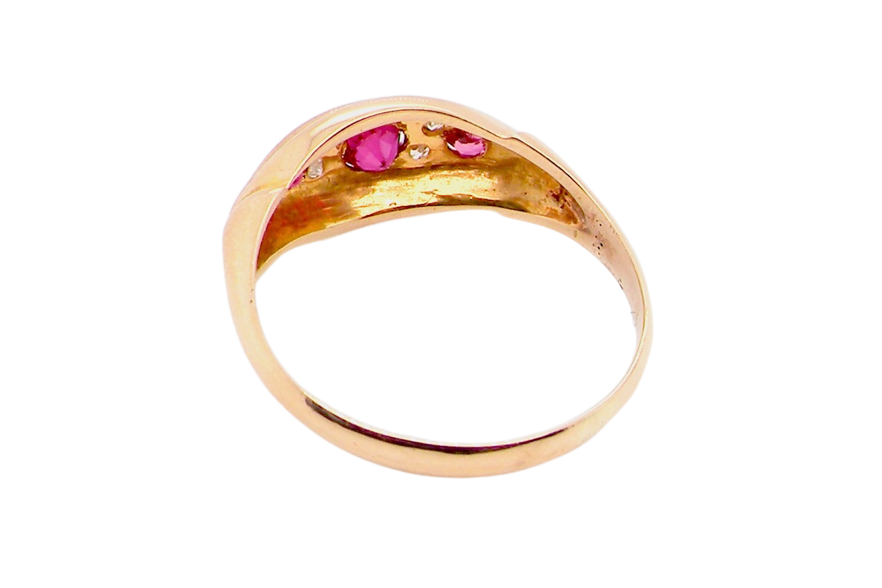 early 20th century antique ruby and diamond boat shaped ring