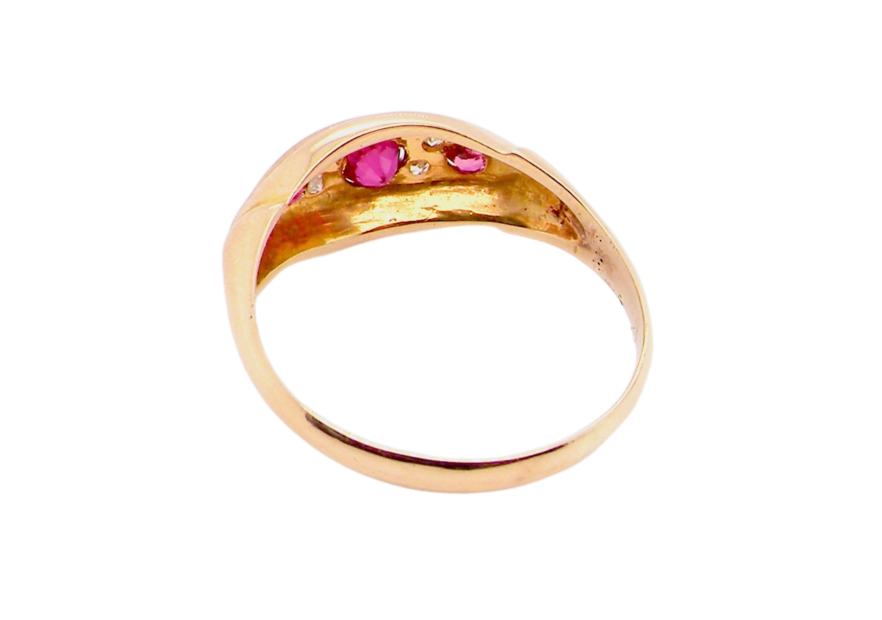 early 20th century antique ruby and diamond boat shaped ring