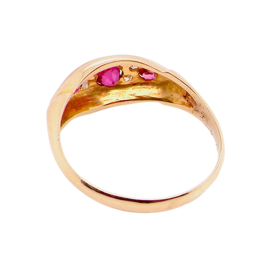 early 20th century antique ruby and diamond boat shaped ring