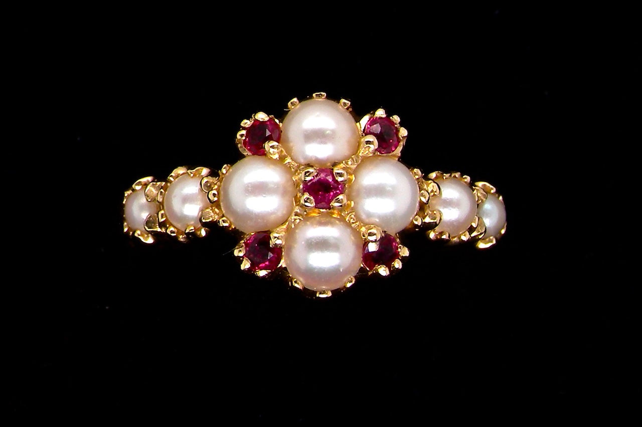 vintage pearl and ruby cluster ring