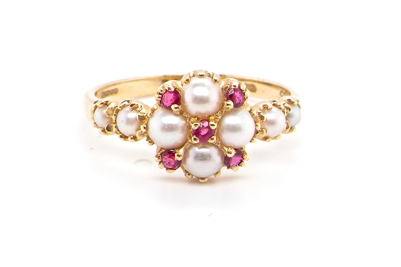 vintage pearl and ruby cluster dress ring
