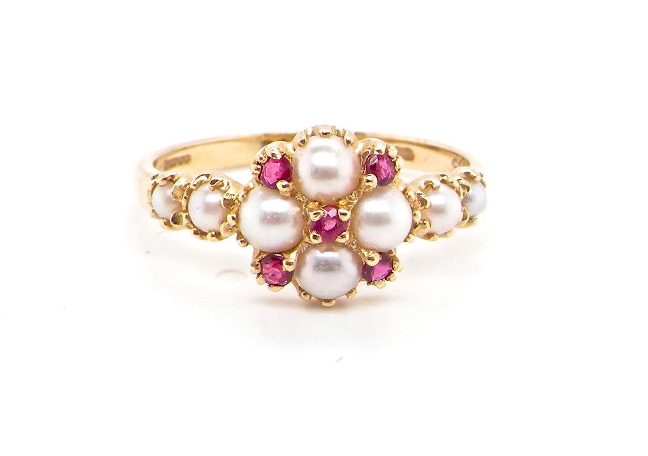 vintage pearl and ruby cluster dress ring