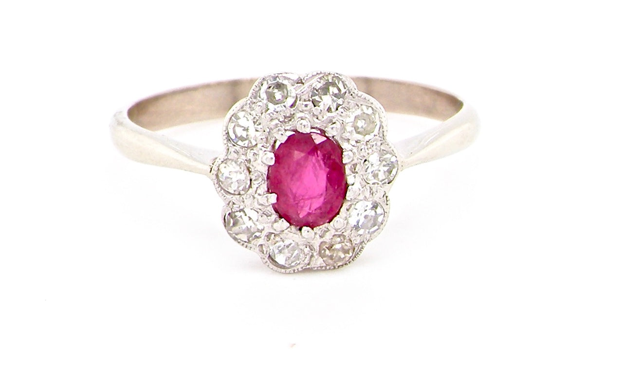 mid 20th century platinum ruby and diamond cluster ring