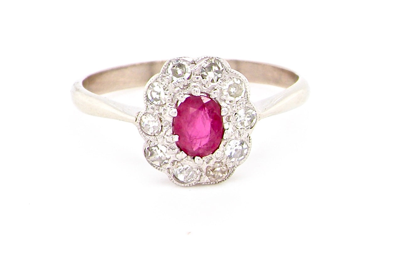 mid 20th century platinum ruby and diamond cluster ring